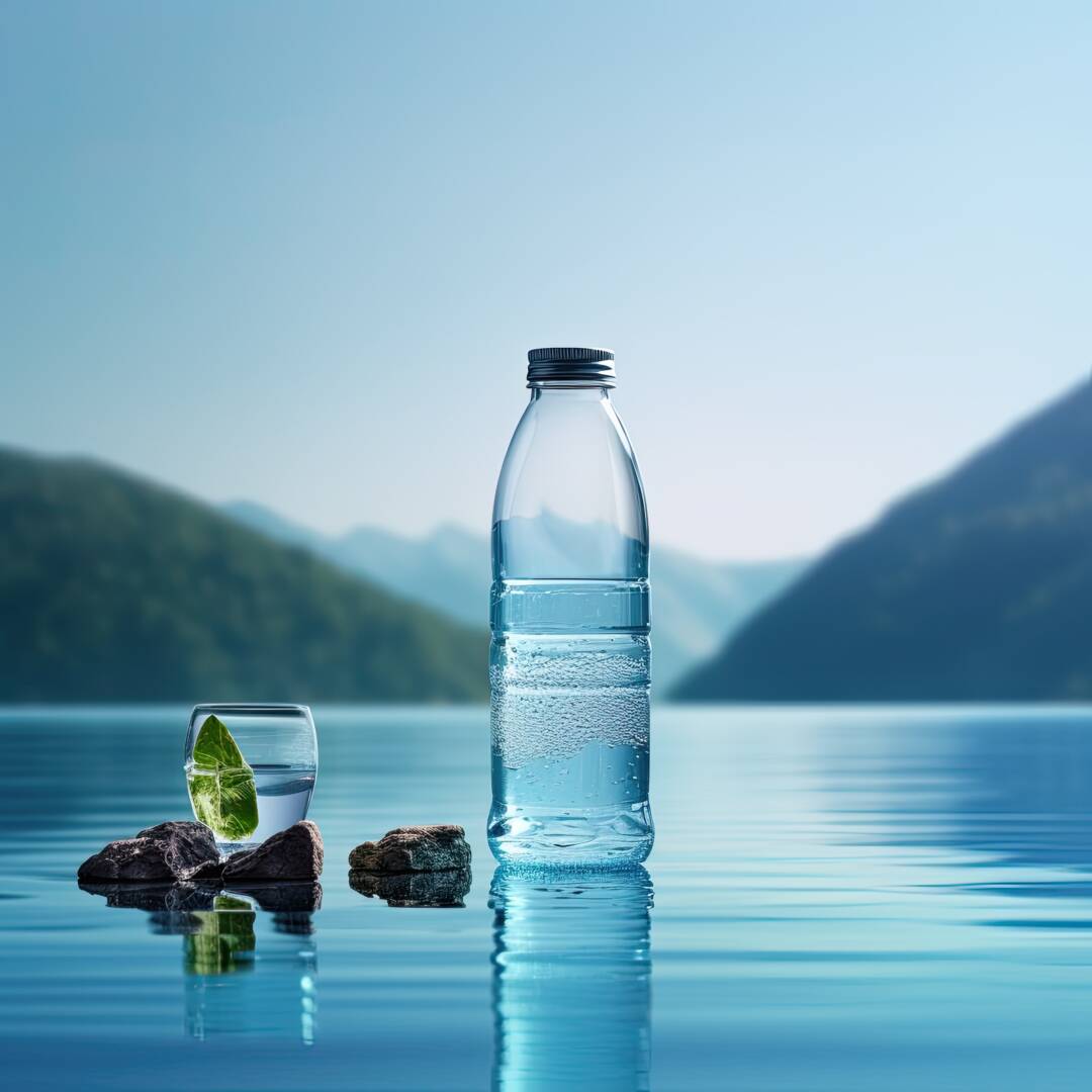 a water bottle and glass set on the blue background, in the style of photo-realistic landscapes, flat backgrounds